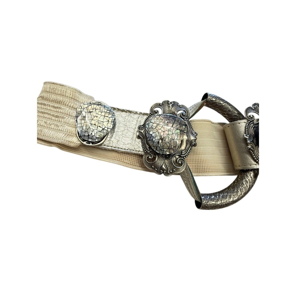 Vintage Womens Belt Ornate Silver Abalone Shell Mosaic Elastic Cinch Waist Large - Picture 3 of 10